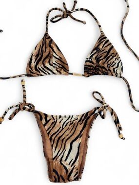 CIA Marítima Tiger Print String Bikini Top & Bottom Set - Brown Black Cream